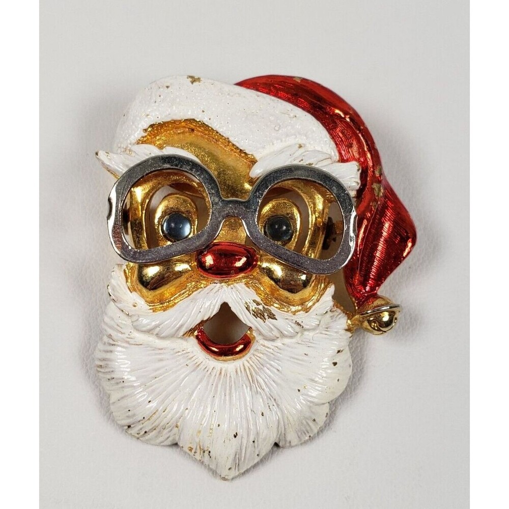 Vintage FAB Gold Tone Red  White Articulated  Eye Glasses Santa Brooch Pendant